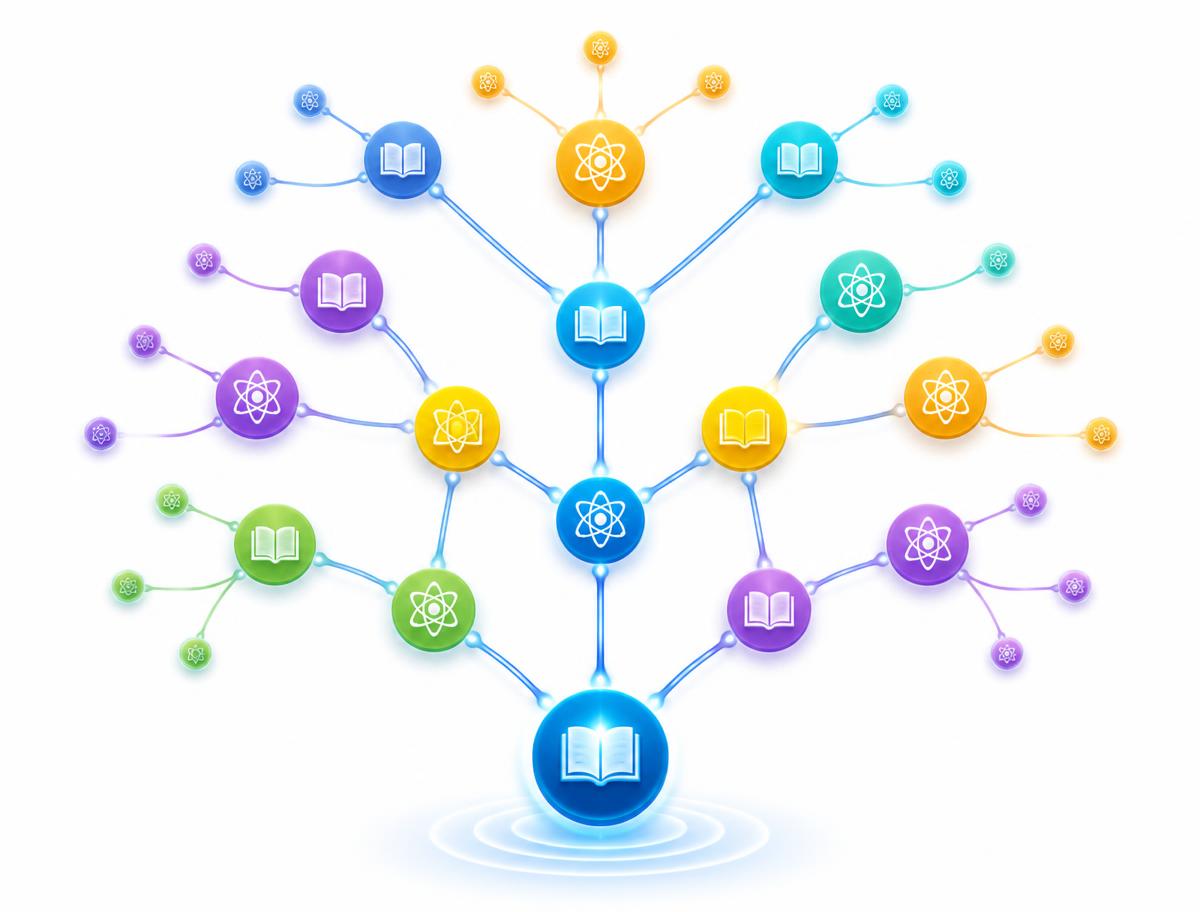 Illustration of a colorful knowledge graph of connected learning concepts