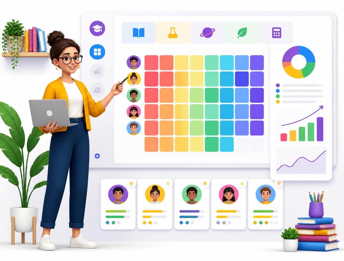 Teacher reviewing classroom analytics and a concept heat map